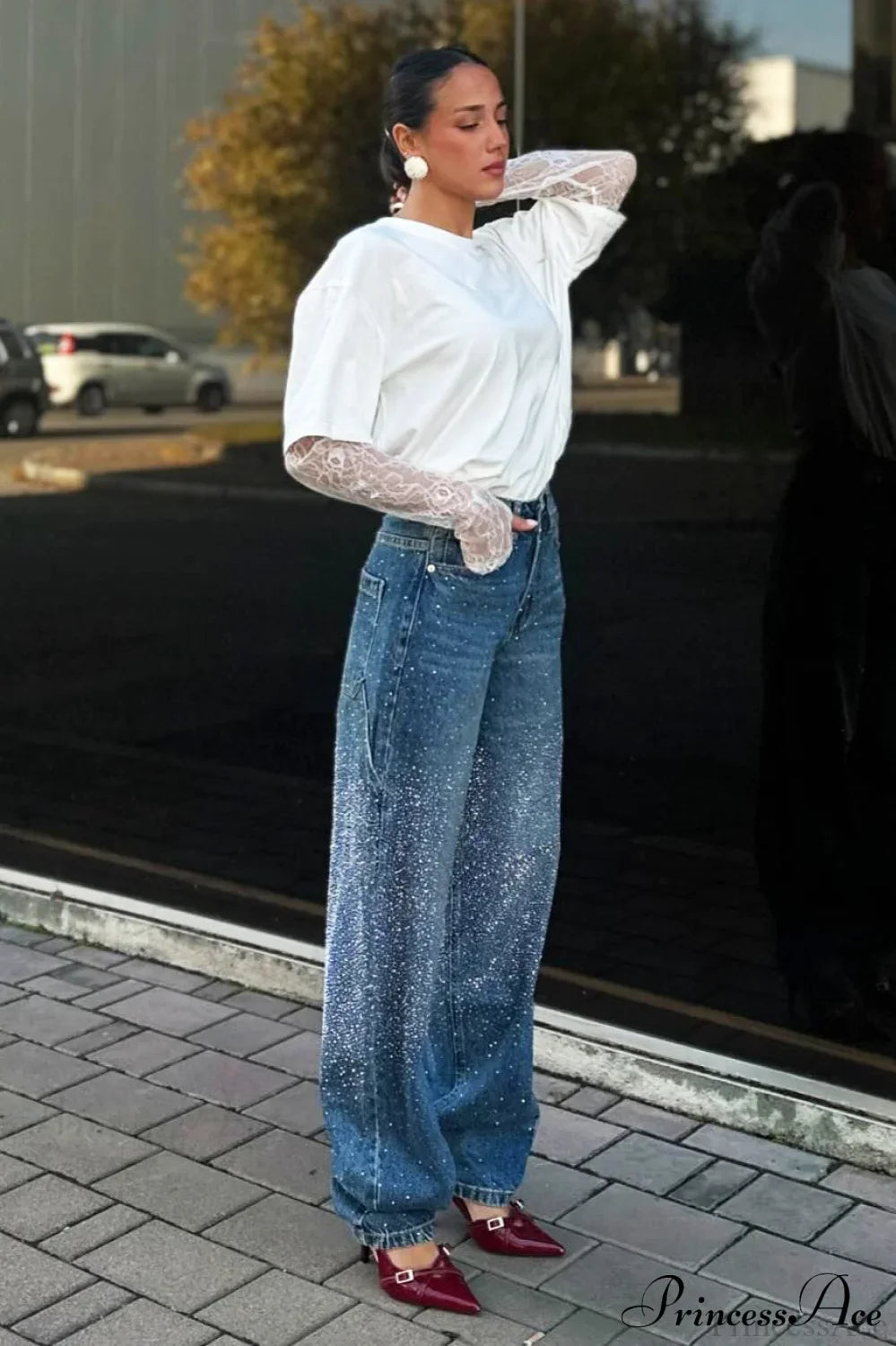 High Waisted Allover Rhinestone Straight Leg Jeans