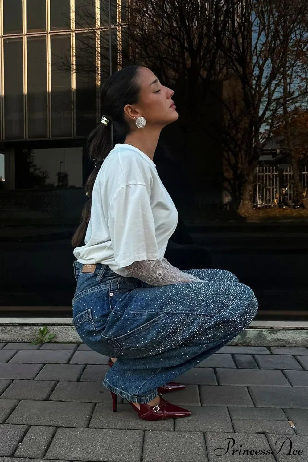 High Waisted Allover Rhinestone Straight Leg Jeans