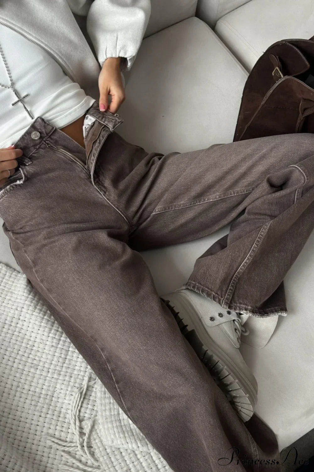 High Waisted Brown Straight Leg Jeans