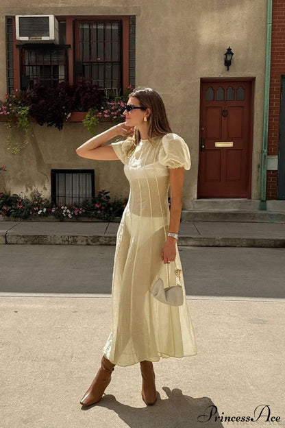 High Waisted Sheer Puff Sleeve Sleek Maxi Dress