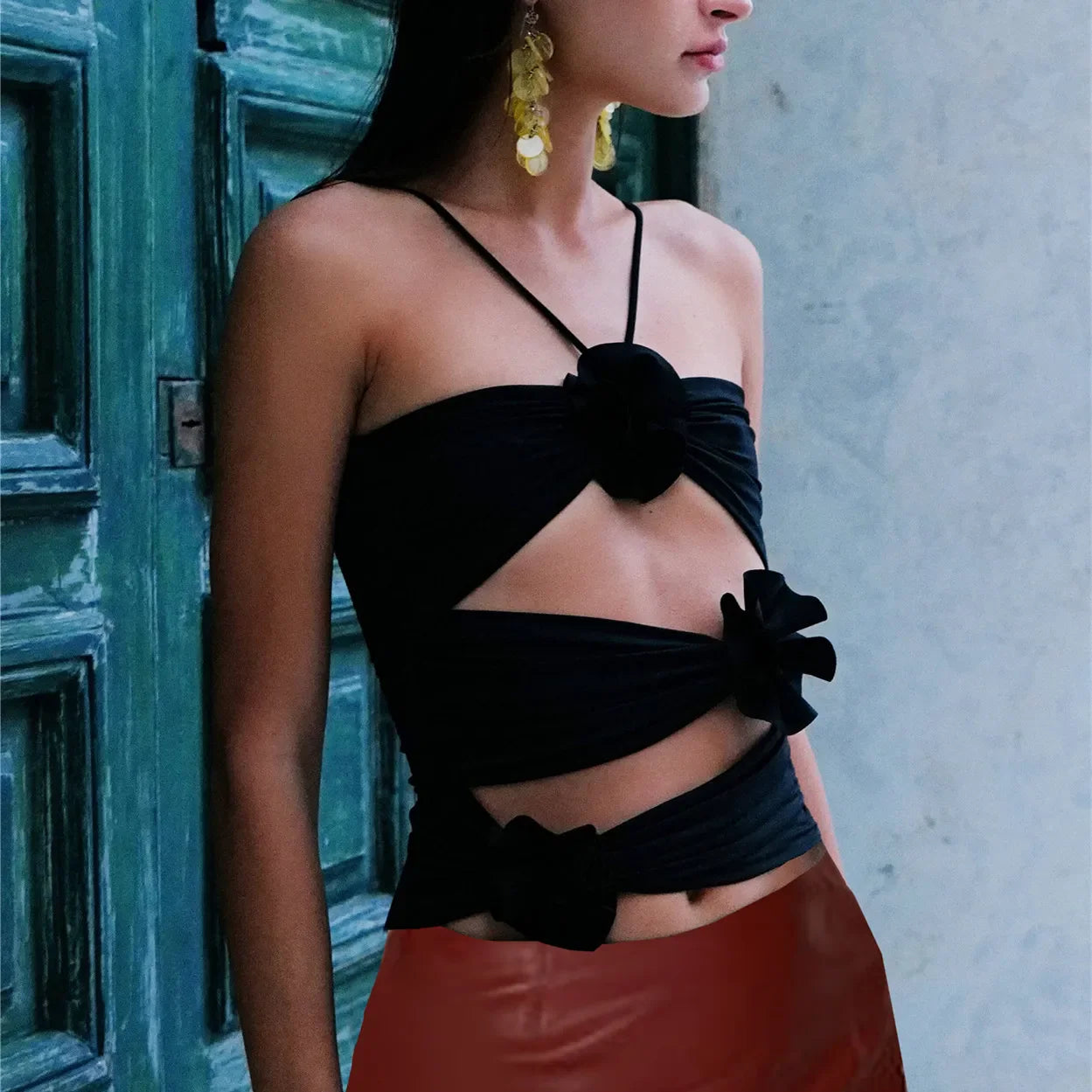 3D Floral Strap Halter Bodycon Crop Top