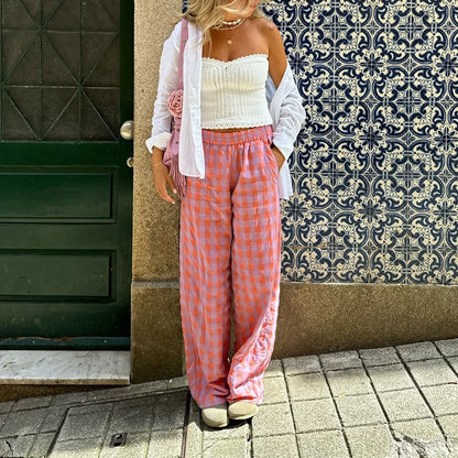 Vintage Plaid Loose Wide Leg Boho Palazzo Pant