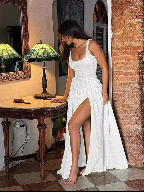 Pearl Beaded Square Neck Jacquard Textured High Slit Maxi Dress