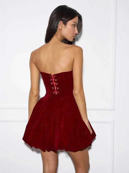 Shimmery Velvet Tube Dress with Diamond Bow