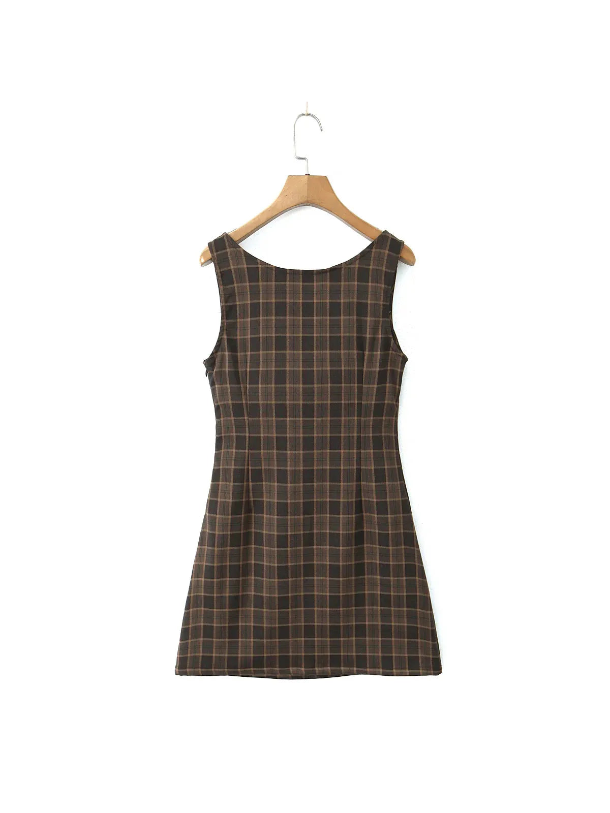 Brown Gingham Print Short Sweetheart Neck Dress