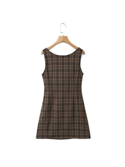 Brown Gingham Print Short Sweetheart Neck Dress