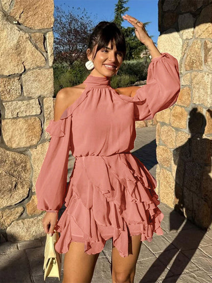 High Neck Cold Shoulder Ruffle Layered Lantern Sleeve Mini Dress For Women 2026