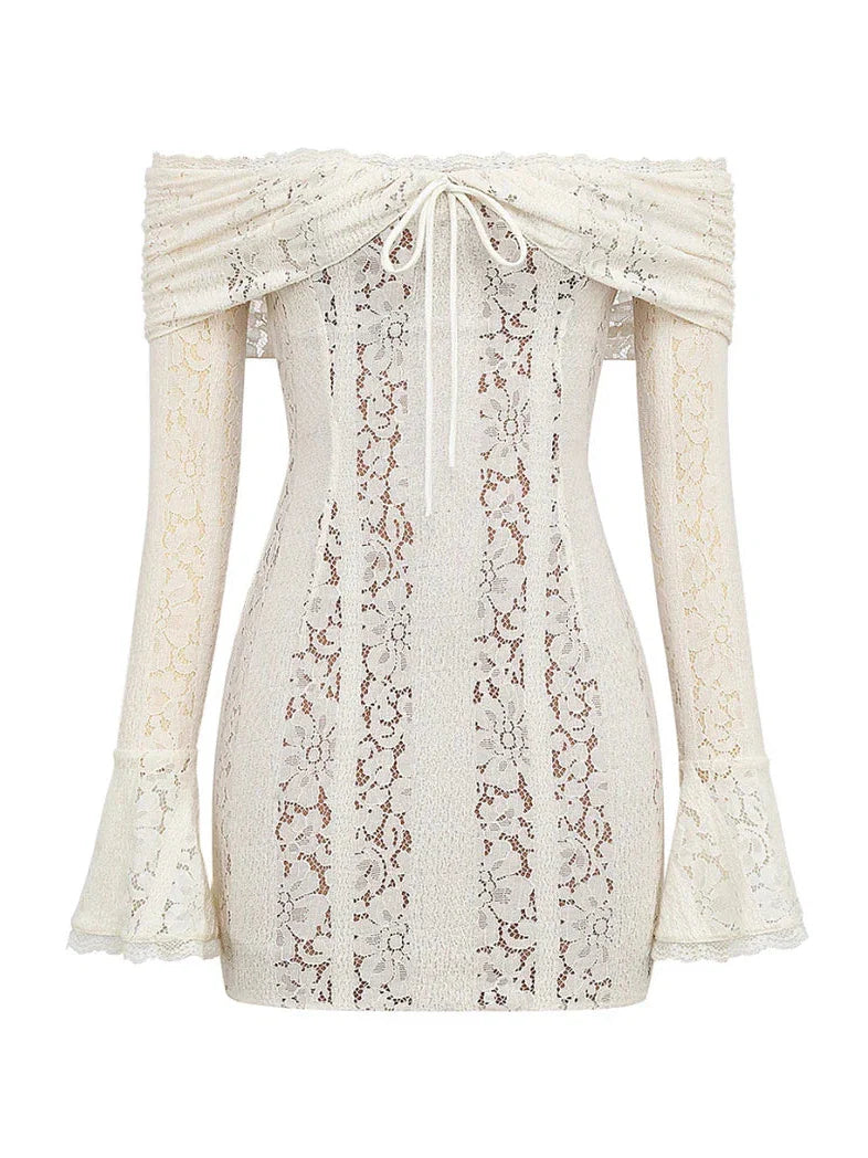 Off Shoulder Bell Sleeves Floral Lace Short Dress