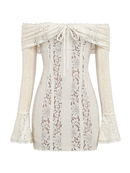Off Shoulder Bell Sleeves Floral Lace Short Dress