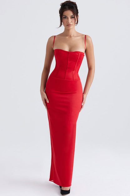 Sweetheart Corset Bodice Spaghetti Strap Satin Maxi Gown