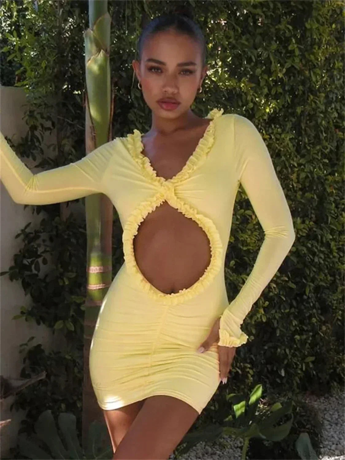 Long Sleeve Deep V Neck Ruffle Trim Oval Midriff Cut Out Bodycon Mini Dress