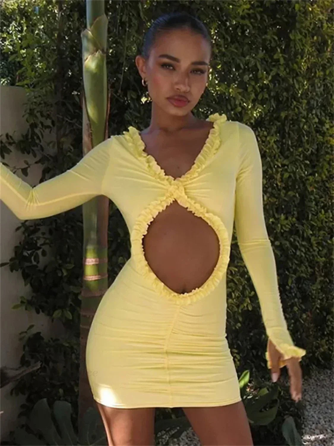 Long Sleeve Deep V Neck Ruffle Trim Oval Midriff Cut Out Bodycon Mini Dress