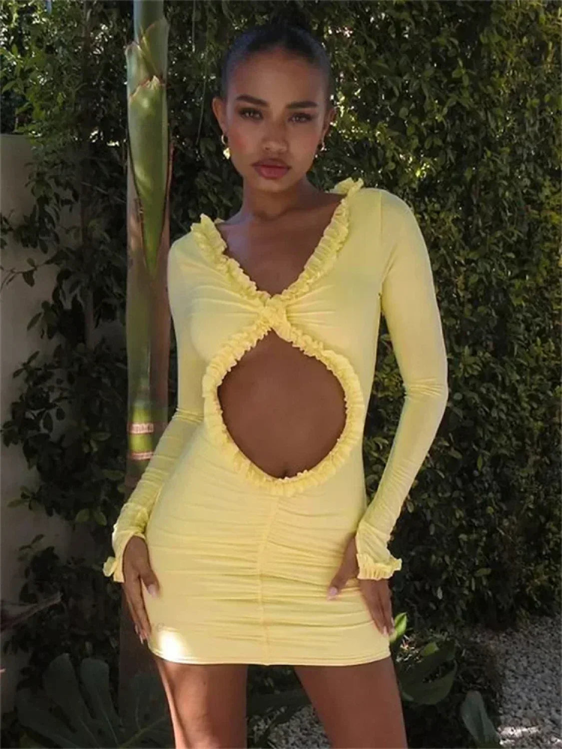 Long Sleeve Deep V Neck Ruffle Trim Oval Midriff Cut Out Bodycon Mini Dress