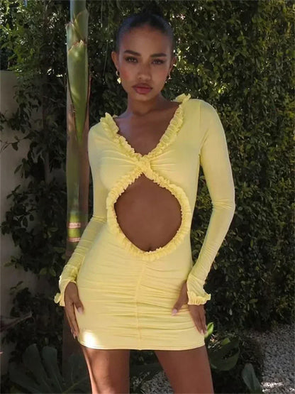 Long Sleeve Deep V Neck Ruffle Trim Oval Midriff Cut Out Bodycon Mini Dress