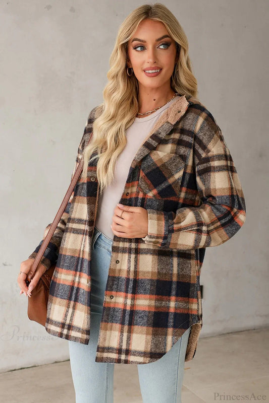 Hooded Long Sleeve Plaid Print Fleece Lined Coat