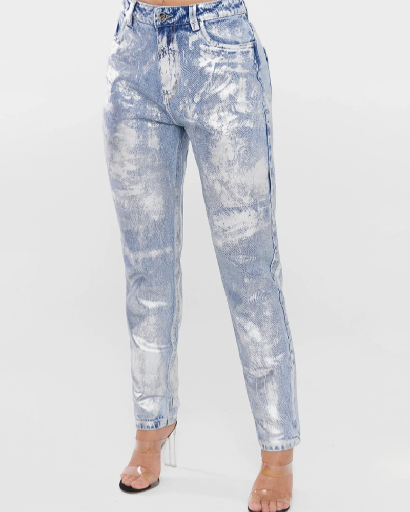 Silver-Stamped High-Waist Jeans (Pre-Sale)