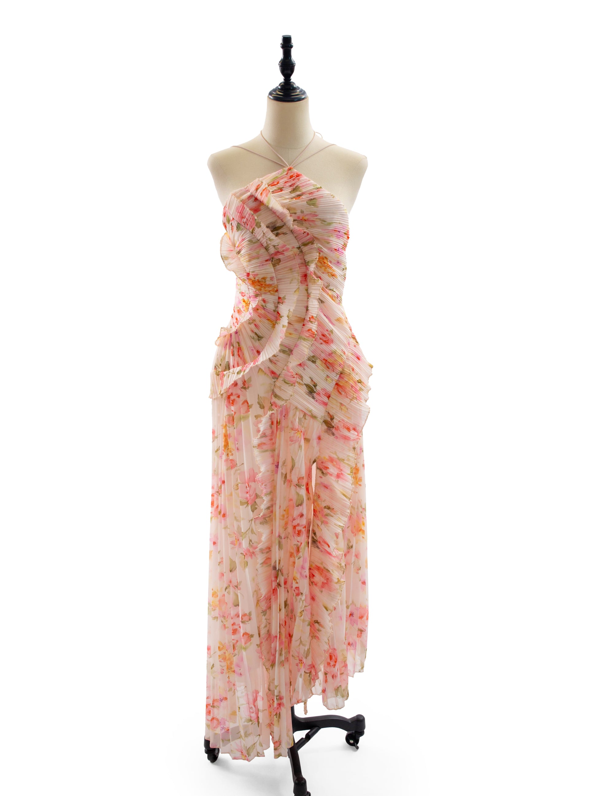 Date Night Dresses Maxi Asymmetrical Pleated Ruffles Sleeveless Floral Print Halter Elegant Dress