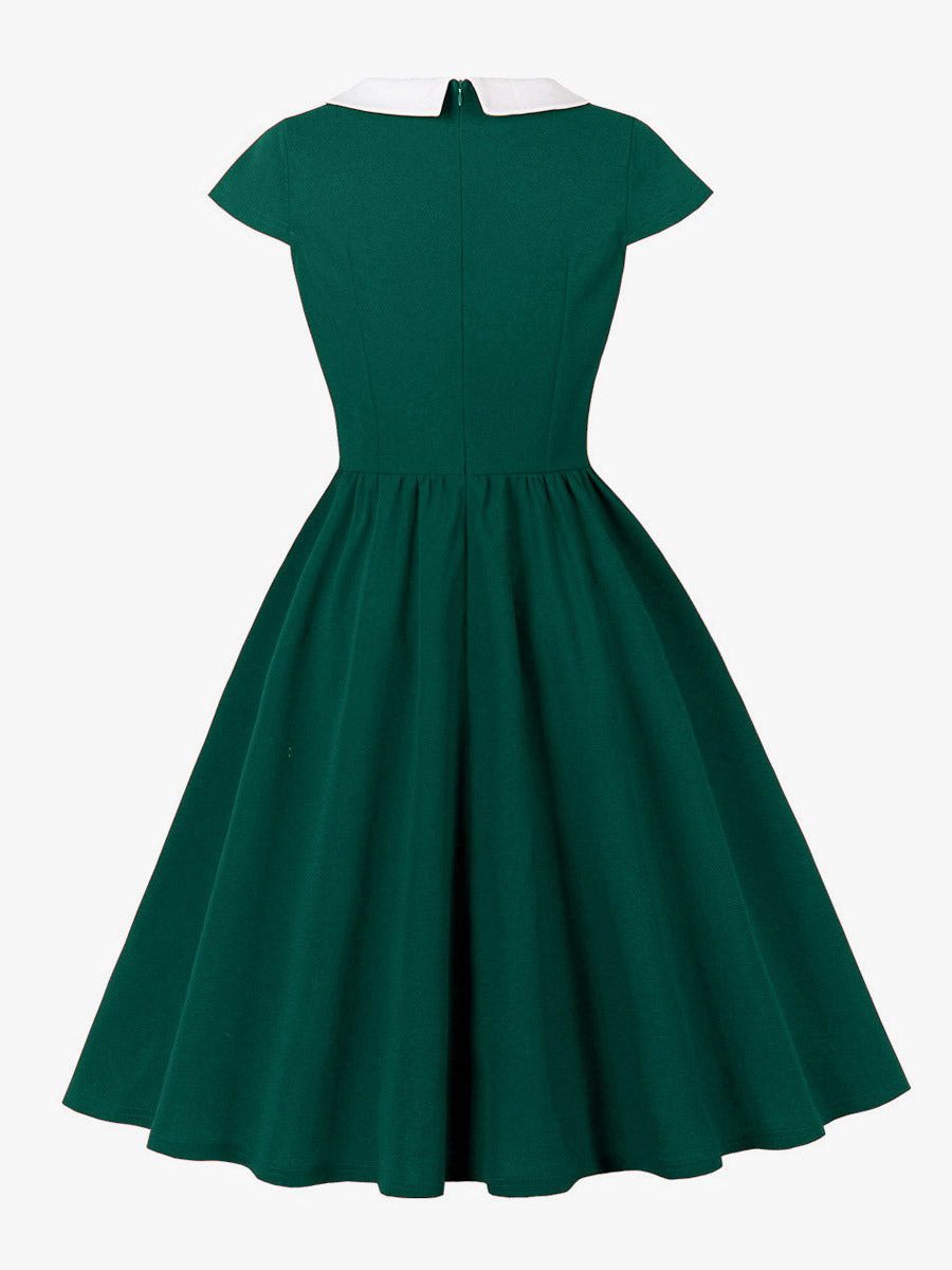 V Neck Contrast Lapel Ruched Retro A-line Swing Dress For Women 2026