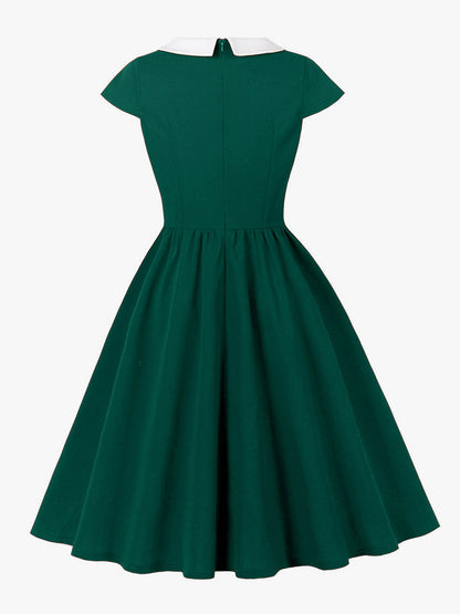V Neck Contrast Lapel Ruched Retro A-line Swing Dress For Women 2026
