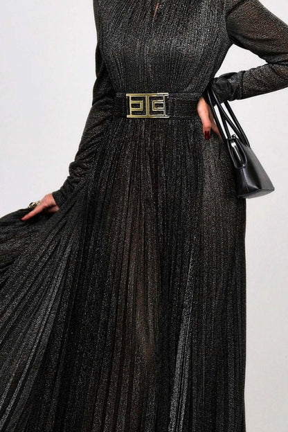 Elsie Metallic Pleated Belted Maxi Dress