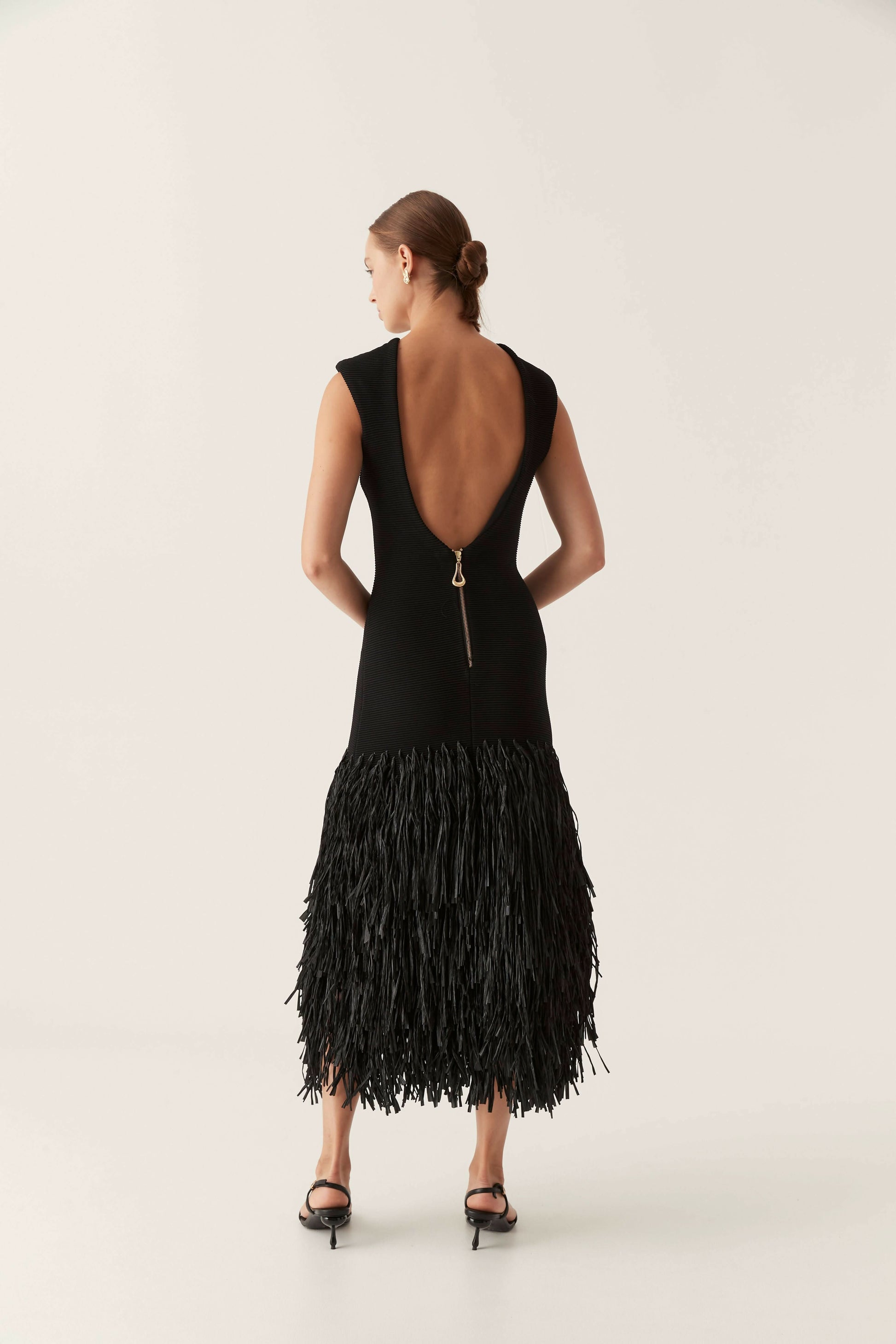 Crew Neck Sleeveless Fringe Tier Hem Rib Knit Midi Dress