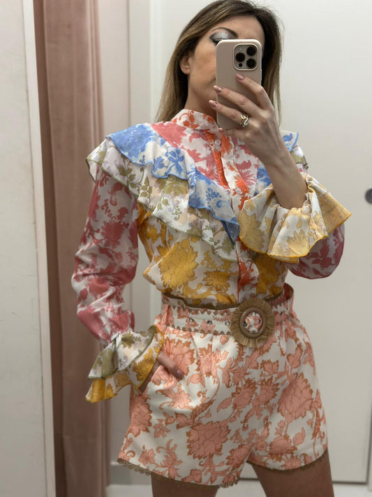 Floral Print Ruffles Blouse & Shorts Coord Set with Belt