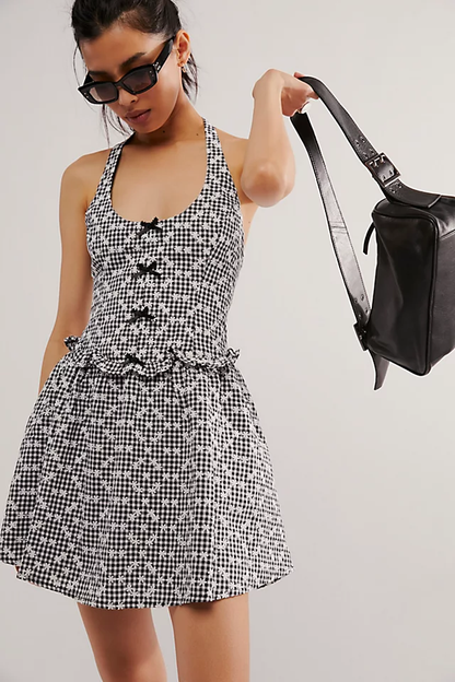 Gingham Print Halter Neck Mini Dress