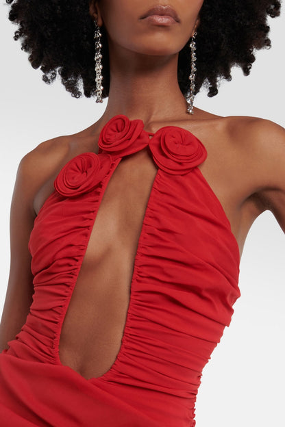 Bonnie Asymmetrical Rose Ruched Mini Dress