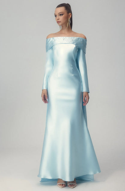 Maureen Off-Shoulder Cape Maxi Satin Dress