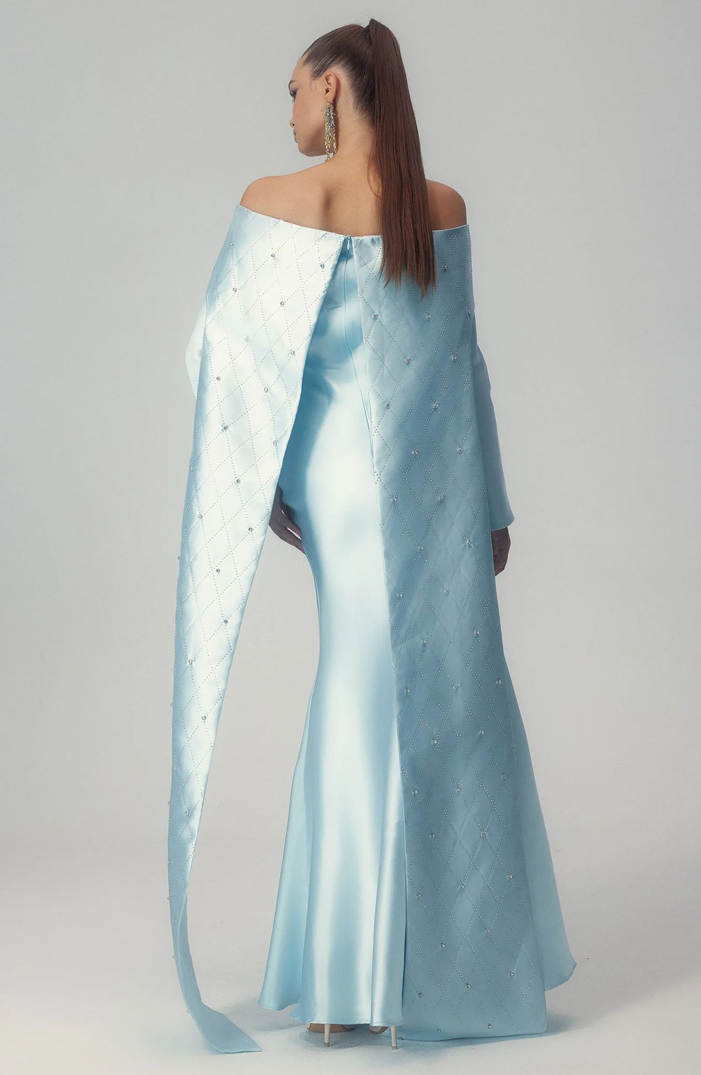 Maureen Off-Shoulder Cape Maxi Satin Dress