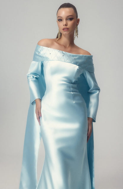 Maureen Off-Shoulder Cape Maxi Satin Dress