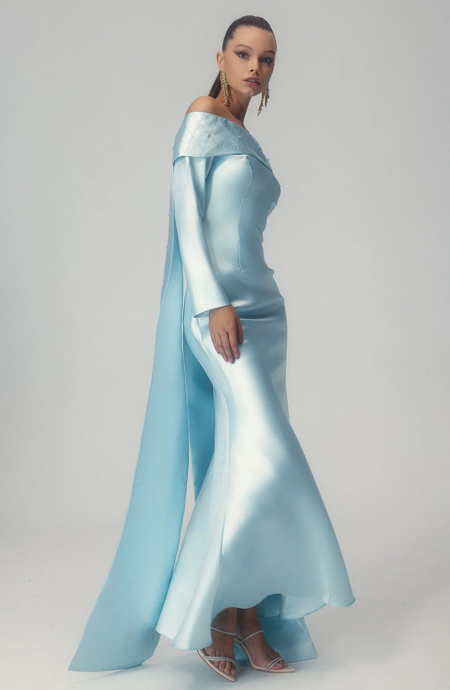 Maureen Off-Shoulder Cape Maxi Satin Dress