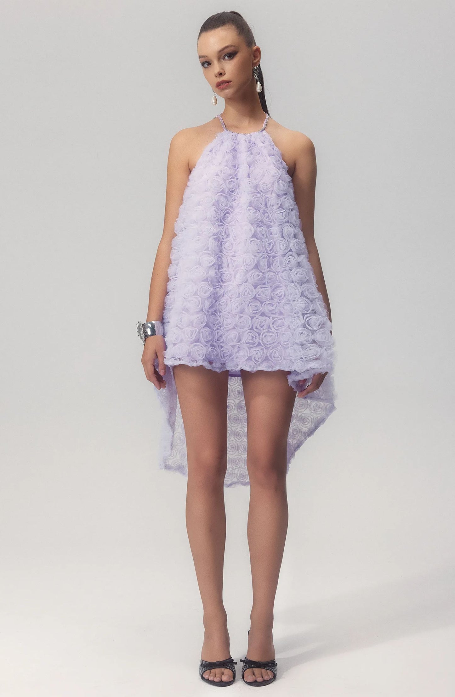 Michaelia Floral Applique Halter Mini Mesh Dress