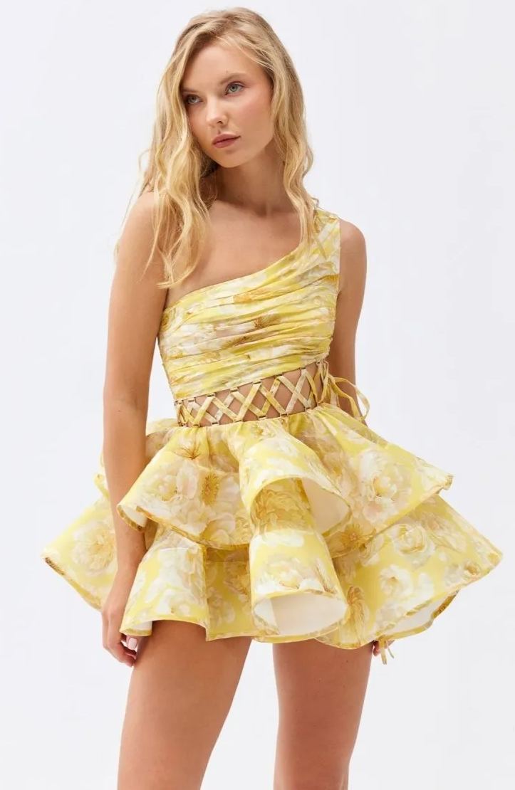 Floral Print One Shoulder Lattice Waist Cutout Tiered Ruffle Mini Dress