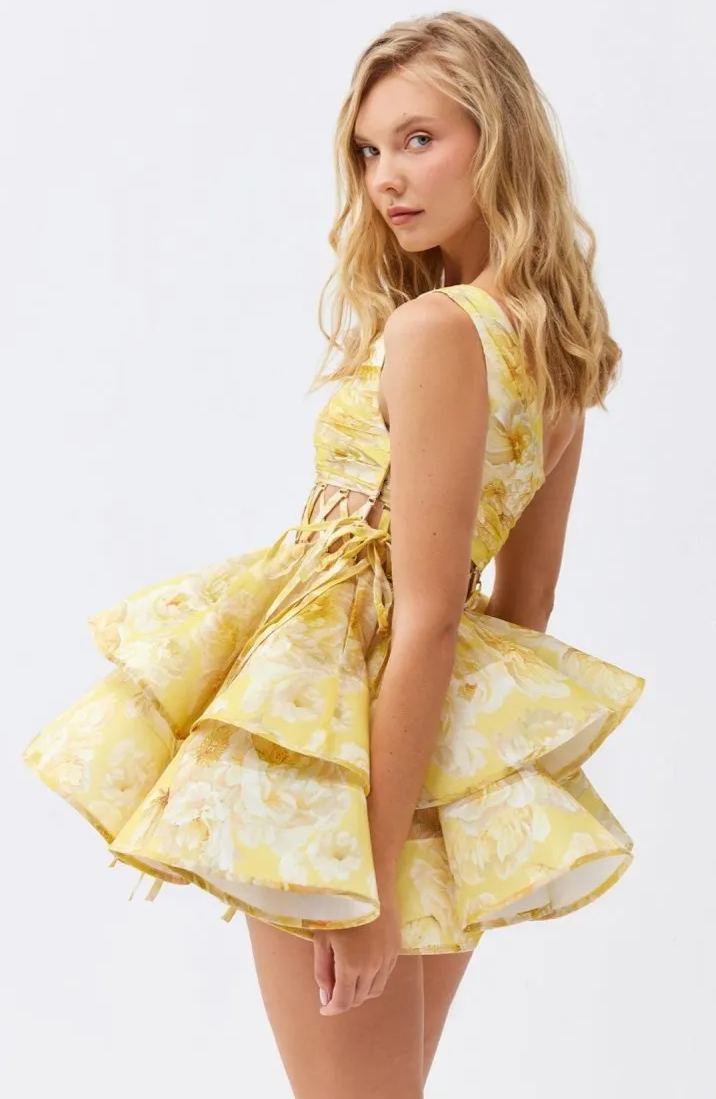 Floral Print One Shoulder Lattice Waist Cutout Tiered Ruffle Mini Dress