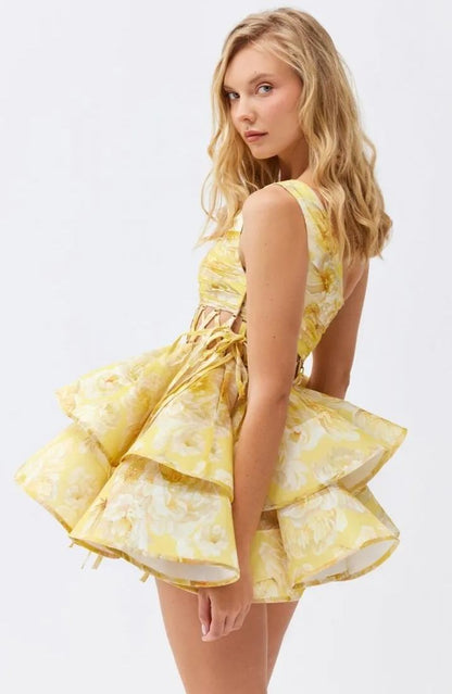 Floral Print One Shoulder Lattice Waist Cutout Tiered Ruffle Mini Dress
