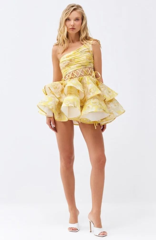 Floral Print One Shoulder Lattice Waist Cutout Tiered Ruffle Mini Dress