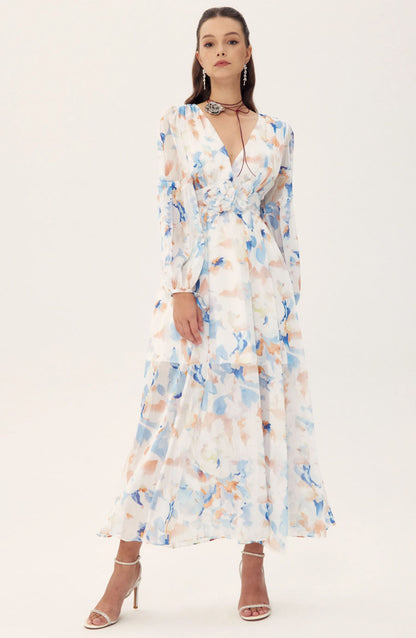 Shirley Printed V-neck Midi Chiffon Dress