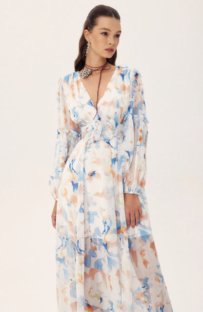 Shirley Printed V-neck Midi Chiffon Dress