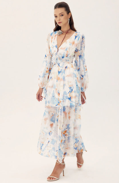 Shirley Printed V-neck Midi Chiffon Dress