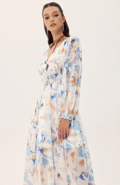 Shirley Printed V-neck Midi Chiffon Dress