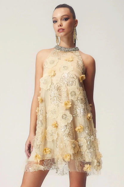 Ella Halter Floral Embroidered Sequins Mini Dress