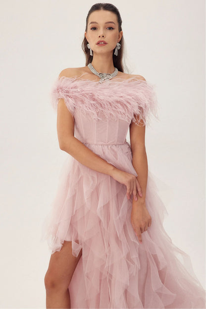 Elaine Feather Corset Maxi Tulle Dress