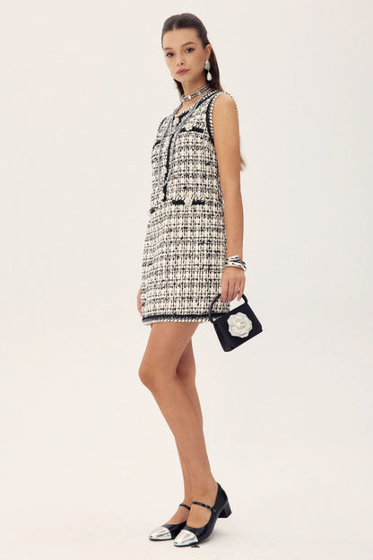 Aldine Diamante Contrast Trimmed Tweed Mini Dress