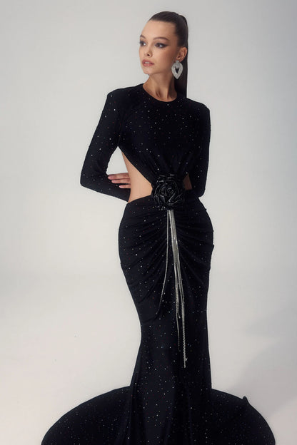 Mirabelle Diamante Flower Backless Maxi Dress