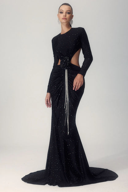 Mirabelle Diamante Flower Backless Maxi Dress