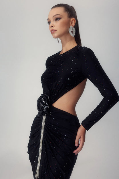 Mirabelle Diamante Flower Backless Maxi Dress