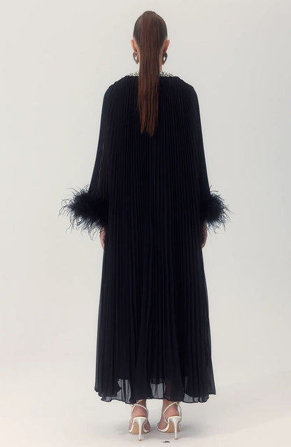 Yvonne Diamante Feathered Pleated Maxi Chiffon Dress
