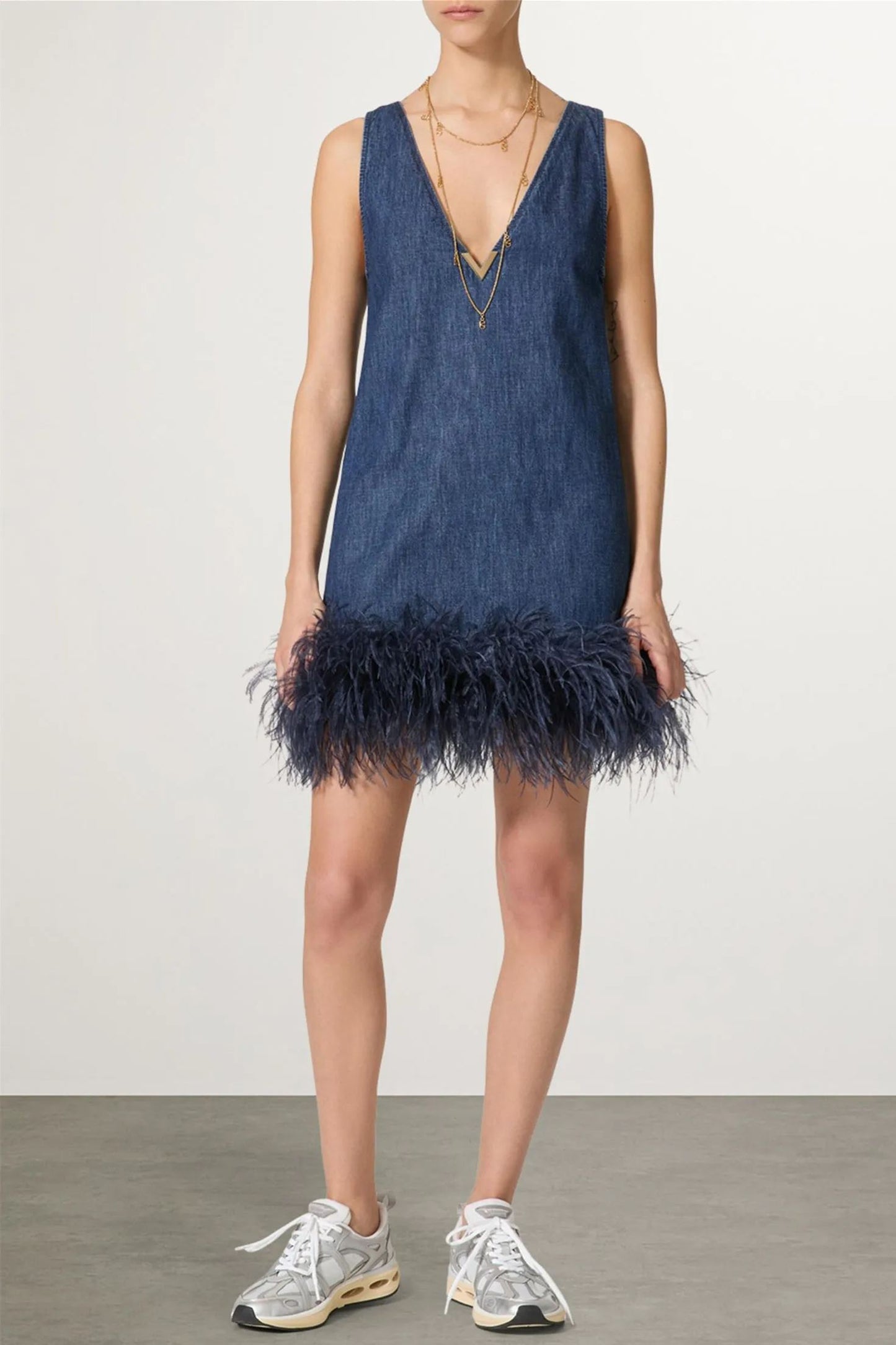 Setlla Feather Trim Denim Mini Dress