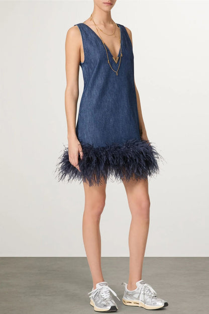 Setlla Feather Trim Denim Mini Dress